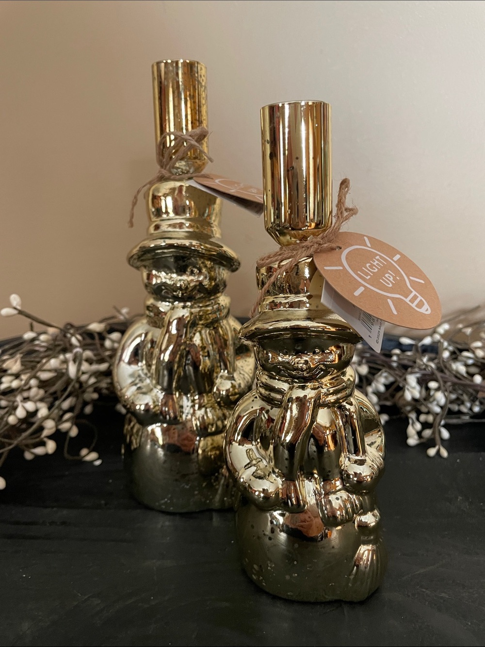 NWT Mud Pie Light up Gold Glass Snowman Taper Candle Holders-7.5”&8.5”-Inc.Batt.